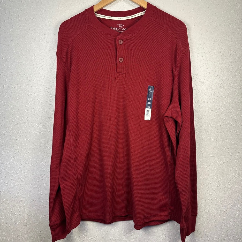 NEW Faded Glory Mens XL Waffle Knit Henley Thermal Long Sleeve Red 100% Cotton